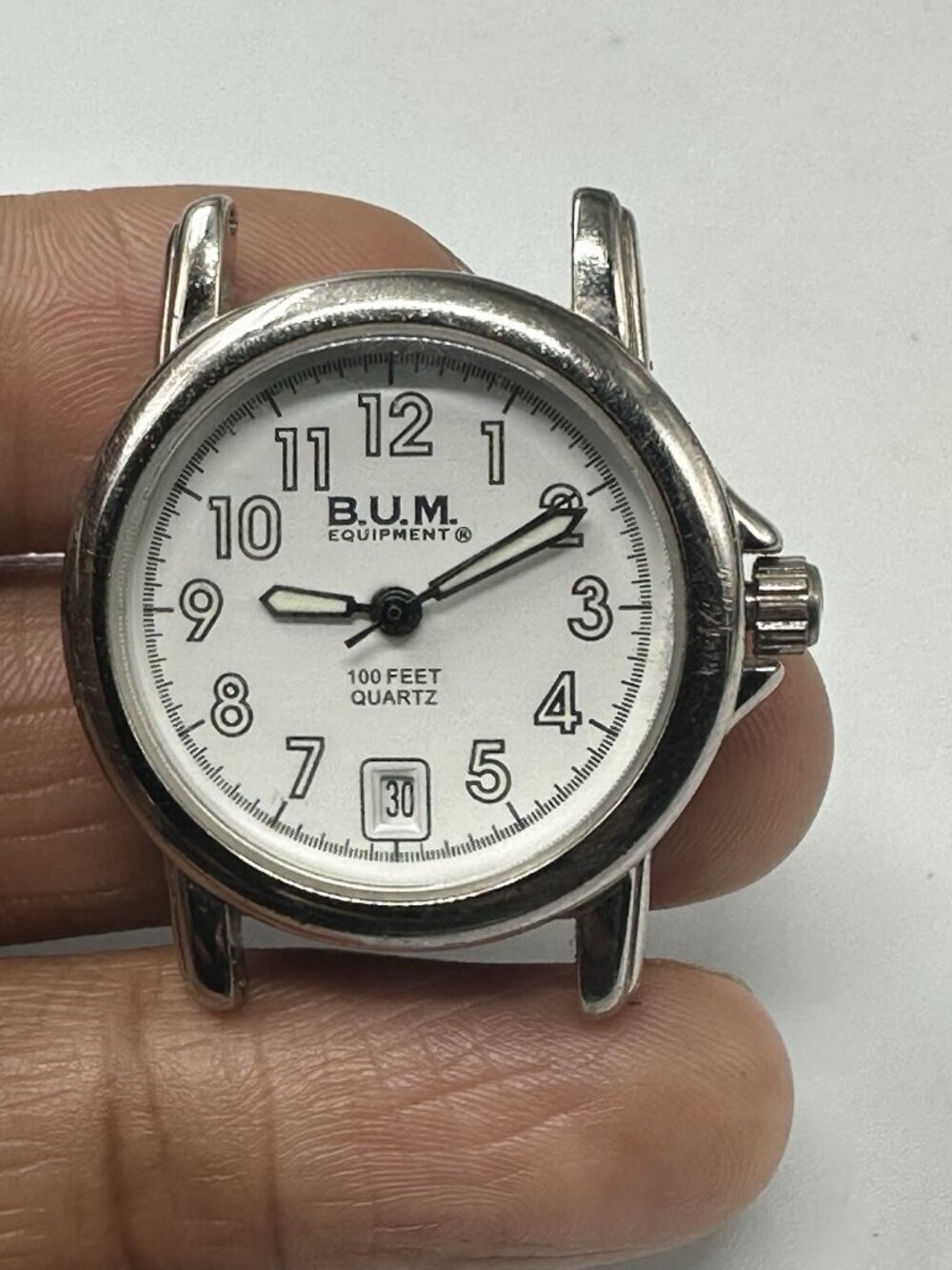 3/$30 B.U.M Watch Women No Band Silver Tone White Dial Date 27MM New Battery